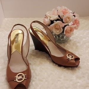 michael kors cognac peep toe leather wedges